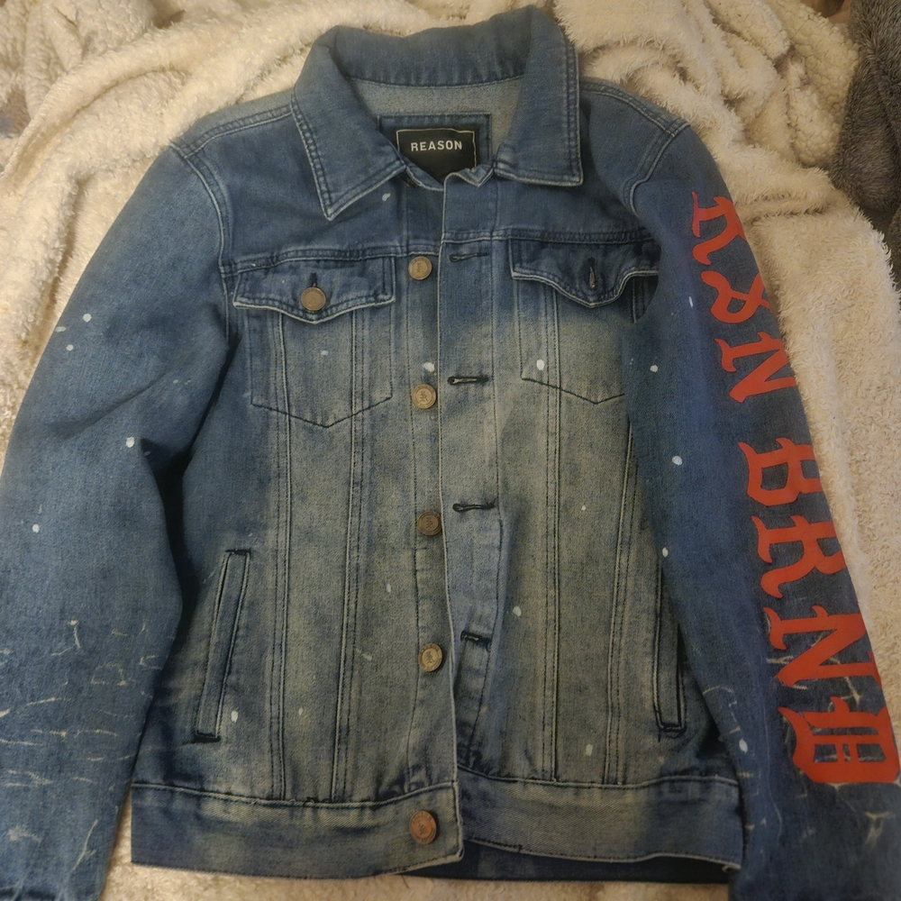 Reason Blue Denim Jacket with Red Lettering